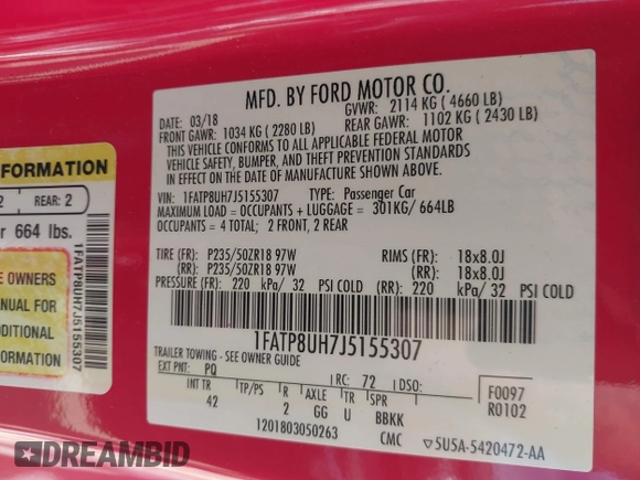 2018 Ford Mustang EcoBoost Premium with VIN 1FATP8UH7J5155307, listed as a IAAI auction lot 41807945 with 57,933 mi miles and . Bid and sale history available at carsss.com. Image 9.