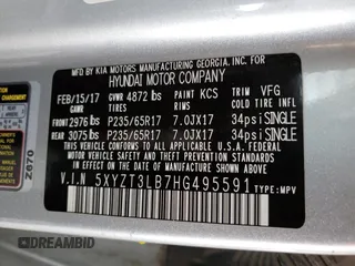 2017 Hyundai Santa Fe 2.4L z VIN 5XYZT3LB7HG495591, wystawiony jako Copart lot #58446915 z przebiegiem Nie podano mil oraz Czysty tytuł • Clean title. Historia ofert i sprzedaży dostępna na DreamBid. Obrazek 12.