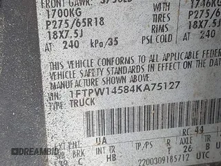 2004 Ford F-150 XLT with VIN 1FTPW14584KA75127, listed as a IAAI auction lot 42690385 with 293,958 mi miles and . Bid and sale history available at DreamBid. Image 9.