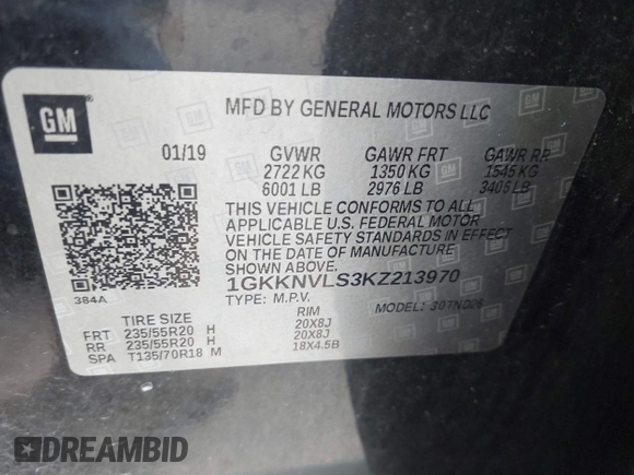 2019 GMC Acadia SLT with VIN 1GKKNVLS3KZ213970, listed as a IAAI auction lot 41973555 with 70,650 mi miles and . Bid and sale history available at DreamBid. Image 9.