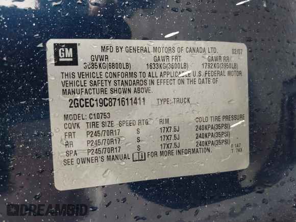 2007 Chevrolet Silverado 1500 LT w/1LT with VIN 2GCEC19C871611411, listed as a IAAI auction lot 41595381 with 198,104 mi miles. Bid and sale history available at carsss.com. Image 9.