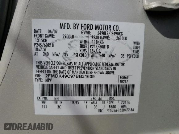 2007 Ford Edge SEL PLUS with VIN 2FMDK49C97BB31609, listed as a Copart auction lot 51873585 with 160,409 mi miles and Salvage Title. Bid and sale history available at carsss.com. Image 13.