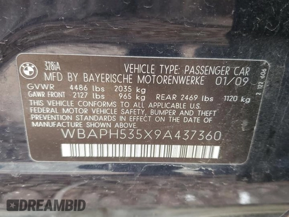 2009 BMW 3 Series 328i with VIN WBAPH535X9A437360, listed as a Copart auction lot 49171455 with 168,664 mi miles and Salvage title. Bid and sale history available at DreamBid. Image 12.