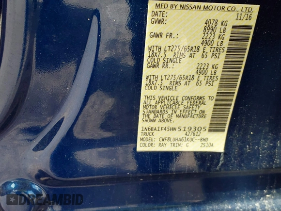 2017 Nissan Titan Pro-4X z VIN 1N6BA1F45HN519305, wystawiony jako IAAI lot #41689197 z przebiegiem 116 562 mil mil oraz . Historia ofert i sprzedaży dostępna na DreamBid. Obrazek 9.