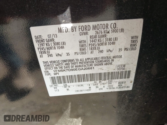 2014 Ford Explorer XLT с VIN 1FM5K7D90EGA20681, выставлен на аукционе IAAI как лот 41751453 с пробегом 193 709 миль миль и . История ставок и продаж доступна на DreamBid. Изображение 9.
