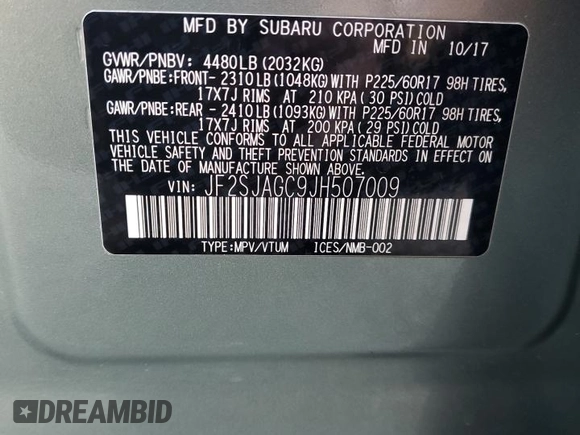 2018 Subaru Forester Premium with VIN JF2SJAGC9JH507009, listed as a Copart auction lot 54941095 with 208,347 mi miles and Salvage Title. Bid and sale history available at DreamBid. Image 14.