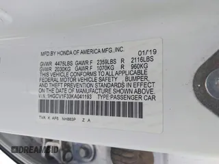2019 Honda Accord Sport with VIN 1HGCV1F33KA041193, listed as a IAAI auction lot 41956200 with 171,700 mi miles and . Bid and sale history available at DreamBid. Image 9.