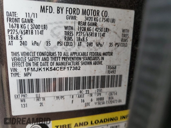 2012 Ford Expedition Max Limited с VIN 1FMJK1K54CEF17382, выставлен на аукционе Copart как лот 53258805 с пробегом 162 050 миль миль и Списание • Salvage title. История ставок и продаж доступна на DreamBid. Изображение 13.