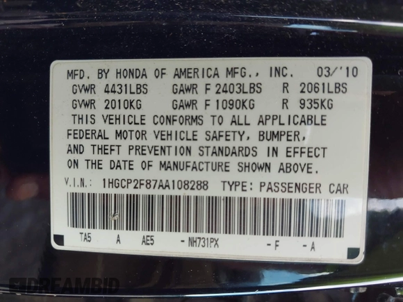 2010 Honda Accord EX-L z VIN 1HGCP2F87AA108288, wystawiony jako IAAI lot #42264267 z przebiegiem 296 891 mil mil oraz . Historia ofert i sprzedaży dostępna na DreamBid. Obrazek 9.