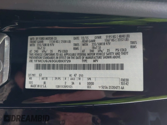 2016 Ford Escape Titanium with VIN 1FMCU9J93GUB93729, listed as a IAAI auction lot 42177294 with 158,859 mi miles and . Bid and sale history available at DreamBid. Image 9.