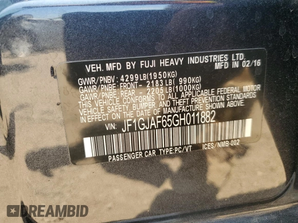 2016 Subaru Impreza Premium with VIN JF1GJAF65GH011882, listed as a Copart auction lot 61170825 with 78,241 mi miles and Salvage title. Bid and sale history available at DreamBid. Image 12.