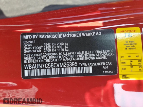 2012 BMW 1 Series 135i with VIN WBAUN7C58CVM26395, listed as a Copart auction lot 58126735 with 72,226 mi miles and Salvage title. Bid and sale history available at DreamBid. Image 13.