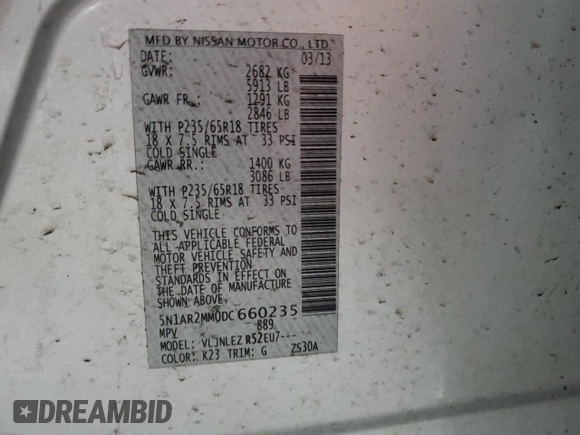 2013 Nissan Pathfinder SV with VIN 5N1AR2MM0DC660235, listed as a Copart auction lot 44517695 with 136,516 mi miles and Salvage Title. Bid and sale history available at carsss.com. Image 15.