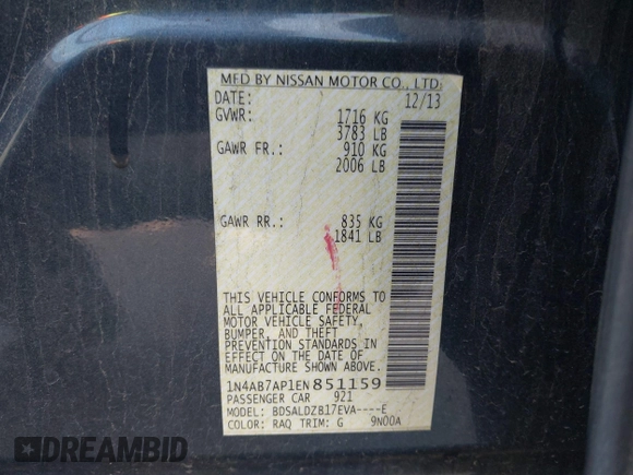 2014 Nissan Sentra S with VIN 1N4AB7AP1EN851159, listed as a IAAI auction lot 41042294 with 274,346 mi miles and . Bid and sale history available at DreamBid. Image 9.