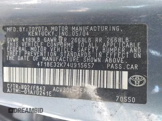 2004 Toyota Camry LE z VIN 4T1BE32K74U915657, wystawiony jako IAAI lot #41837915 z przebiegiem 260 096 mil mil oraz . Historia ofert i sprzedaży dostępna na DreamBid. Obrazek 9.