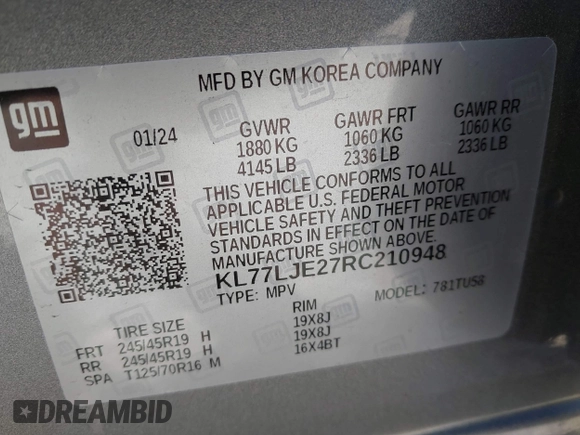 2024 Chevrolet Trax 2RS with VIN KL77LJE27RC210948, listed as a IAAI auction lot 41763379 with 12,536 mi miles and . Bid and sale history available at DreamBid. Image 9.