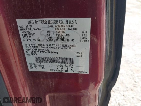 2004 Ford F-150 XL с VIN 1FTRF14W54NB60796, выставлен на аукционе IAAI как лот 42708711 с пробегом 168 093 миль миль и . История ставок и продаж доступна на DreamBid. Изображение 9.