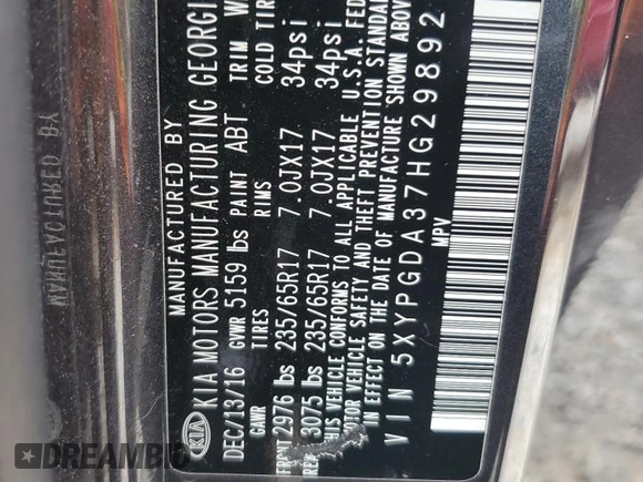 2017 Kia Sorento LX with VIN 5XYPGDA37HG298921, listed as a Copart auction lot 55575005 with 117,845 mi miles and Salvage title. Bid and sale history available at DreamBid. Image 14.