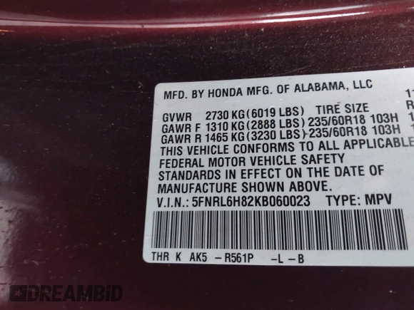 2019 Honda Odyssey Touring with VIN 5FNRL6H82KB060023, listed as a IAAI auction lot 41451199 with 82,994 mi miles. Bid and sale history available at carsss.com. Image 9.