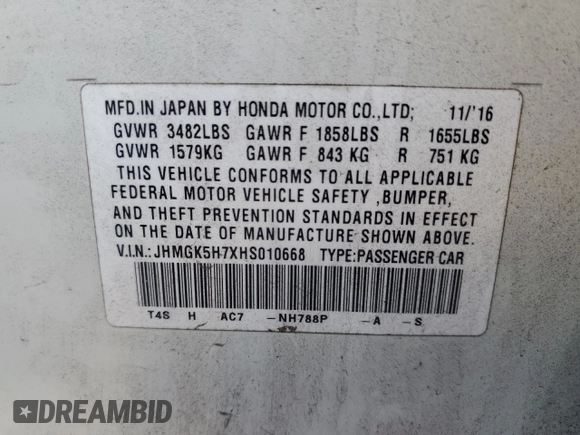 2017 Honda Fit EX with VIN JHMGK5H7XHS010668, listed as a Copart auction lot 87545555 with 54,452 mi miles and Salvage Title. Bid and sale history available at carsss.com. Image 12.