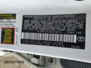 2013 Toyota Camry L with VIN 4T1BF1FK7DU278314, listed as a Copart auction lot 50311225 with 161,276 mi miles and Salvage Title. Bid and sale history available at carsss.com. Image 13.