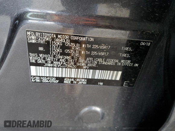 2018 Toyota RAV4 XLE with VIN JTMRFREV5JJ739620, listed as a Copart auction lot 48218185 with 82,885 mi miles and Salvage Title. Bid and sale history available at DreamBid. Image 12.