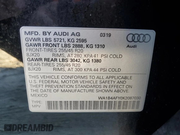 2019 Audi SQ5 Premium Plus with VIN WA1B4AFY0K2087030, listed as a Copart auction lot 37741814 with 46,986 mi miles and . Bid and sale history available at DreamBid. Image 13.
