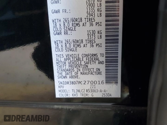 2023 Nissan Pathfinder Rock Creek with VIN 5N1DR3BD7PC270016, listed as a Copart auction lot 54060615 with 32,119 mi miles and Salvage title. Bid and sale history available at DreamBid. Image 13.