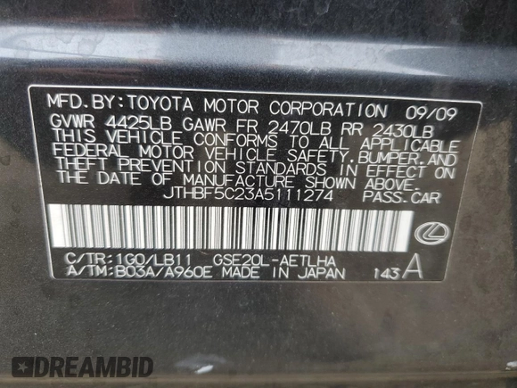 2010 Lexus IS 250 with VIN JTHBF5C23A5111274, listed as a Copart auction lot 43613325 with Not Provided miles and Non Repairable. Bid and sale history available at carsss.com. Image 12.