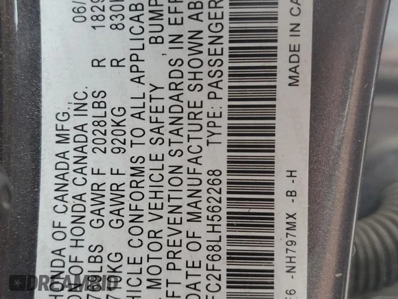 2020 Honda Civic LX z VIN 2HGFC2F68LH562268, wystawiony jako Copart lot #64988884 z przebiegiem 49 337 mil mil oraz Szkoda całkowita • Salvage title. Historia ofert i sprzedaży dostępna na DreamBid. Obrazek 12.