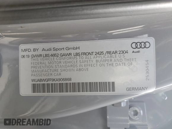 2019 Audi RS 3 z VIN WUABWGFF9KA906868, wystawiony jako Copart lot #49898414 z przebiegiem 42 348 mil mil oraz . Historia ofert i sprzedaży dostępna na DreamBid. Obrazek 12.
