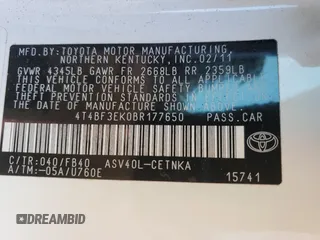 2011 Toyota Camry LE with VIN 4T4BF3EK0BR177650, listed as a Copart auction lot 45429495 with 164,260 mi miles and Salvage Title. Bid and sale history available at DreamBid. Image 13.