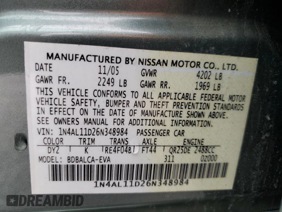 2006 Nissan Altima 2.5 with VIN 1N4AL11D26N348984, listed as a Copart auction lot 47546545 with 104,842 mi miles and Salvage Title. Bid and sale history available at carsss.com. Image 14.
