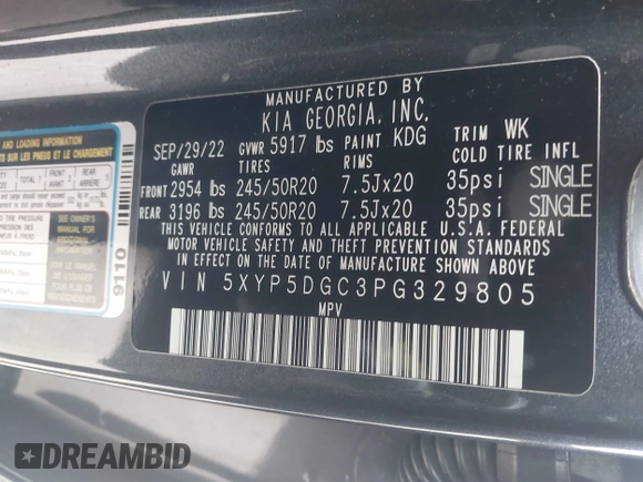 2023 Kia Telluride SX Prestige X-Pro with VIN 5XYP5DGC3PG329805, listed as a IAAI auction lot 41289569 with 44,380 mi miles and . Bid and sale history available at DreamBid. Image 9.