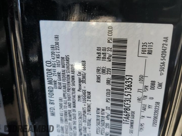 2020 Ford Mustang GT with VIN 1FA6P8CF3L5136351, listed as a Copart auction lot 52366765 with 39,475 mi miles and Salvage title. Bid and sale history available at DreamBid. Image 14.