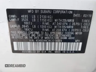 2019 Subaru Outback Limited with VIN 4S4BSANC9K3314884, listed as a IAAI auction lot 41781081 with 41,906 mi miles and . Bid and sale history available at DreamBid. Image 9.