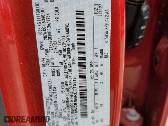 2024 Ford F-250 XL с VIN 1FT8W2BM4REC70118, выставлен на аукционе Copart как лот 55489935 с пробегом 45 277 миль миль и Списание • Salvage title. История ставок и продаж доступна на DreamBid. Изображение 12.