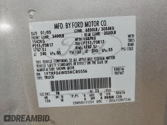 2005 Ford F-150 STX z VIN 1FTRF04W05KC85556, wystawiony jako Copart lot #83096844 z przebiegiem 190 436 mil mil oraz Szkoda całkowita • Salvage title. Historia ofert i sprzedaży dostępna na DreamBid. Obrazek 12.