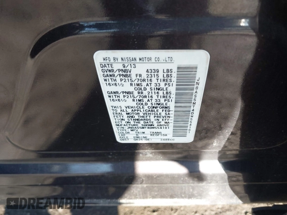 2013 Nissan Rogue SL with VIN JN8AS5MT4DW554181, listed as a IAAI auction lot 41846110 with 144,340 mi miles. Bid and sale history available at carsss.com. Image 9.