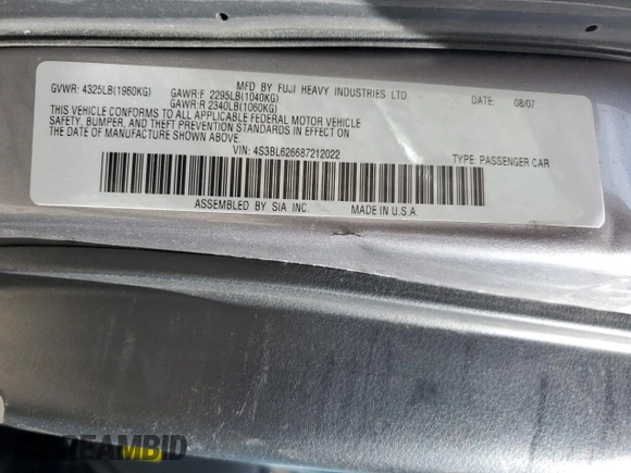 2008 Subaru Legacy Limited with VIN 4S3BL626687212022, listed as a Copart auction lot 58217075 with 136,143 mi miles and Salvage title. Bid and sale history available at DreamBid. Image 12.