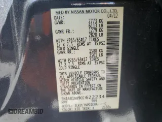 2012 Nissan Pathfinder Silver Edition with VIN 5N1AR1NB9CC622234, listed as a Copart auction lot 61858845 with 103,111 mi miles and Salvage title. Bid and sale history available at DreamBid. Image 13.