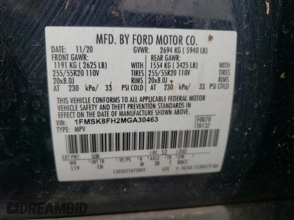 2021 Ford Explorer Limited z VIN 1FMSK8FH2MGA30463, wystawiony jako Copart lot #54108745 z przebiegiem 99 307 mil mil oraz Szkoda całkowita • Salvage title. Historia ofert i sprzedaży dostępna na DreamBid. Obrazek 13.