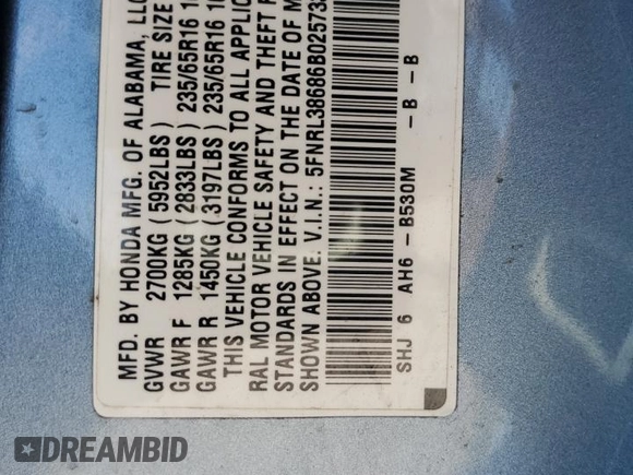 2006 Honda Odyssey EX-L z VIN 5FNRL38686B025733, wystawiony jako Copart lot #57657425 z przebiegiem 214 303 mil mil oraz Szkoda całkowita • Salvage title. Historia ofert i sprzedaży dostępna na DreamBid. Obrazek 13.