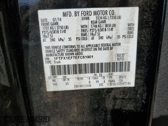 2014 Ford F-150 XL with VIN 1FTFX1EF7EFC61901, listed as a Copart auction lot 59619545 with 148,930 mi miles and Salvage title. Bid and sale history available at DreamBid. Image 12.