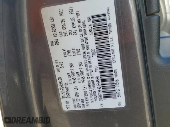 2002 Dodge 1500 with VIN 1D7HA16K42J244560, listed as a Copart auction lot 48218505 with 218,303 mi miles and Salvage Title. Bid and sale history available at DreamBid. Image 14.