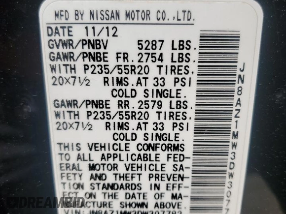 2013 Nissan Murano SV with VIN JN8AZ1MW3DW307782, listed as a Copart auction lot 54983695 with 141,318 mi miles and Clean Title. Bid and sale history available at carsss.com. Image 13.