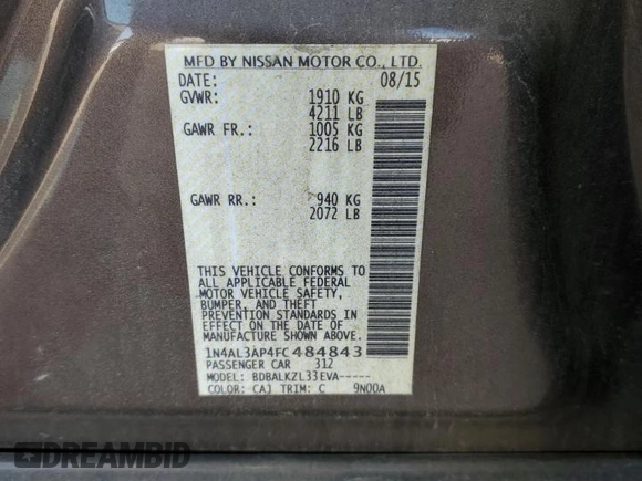 2015 Nissan Altima SV with VIN 1N4AL3AP4FC484843, listed as a Copart auction lot 52483925 with 83,713 mi miles and Salvage Title. Bid and sale history available at DreamBid. Image 14.