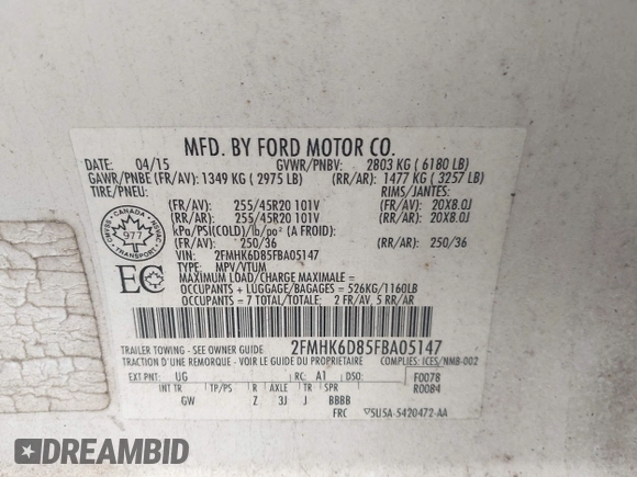 2015 Ford Flex Limited z VIN 2FMHK6D85FBA05147, wystawiony jako IAAI lot #42354595 z przebiegiem 246 245 mil mil oraz . Historia ofert i sprzedaży dostępna na DreamBid. Obrazek 9.