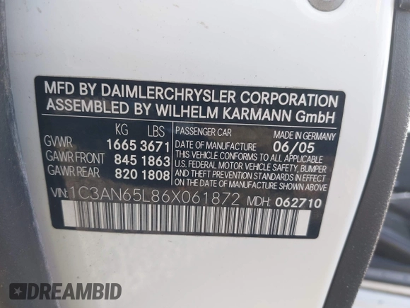 2006 Chrysler Crossfire Limited with VIN 1C3AN65L86X061872, listed as a IAAI auction lot 42206167 with 109,477 mi miles and . Bid and sale history available at DreamBid. Image 9.