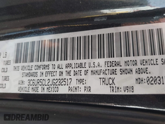 2018 Ram 2500 Tradesman с VIN 3C6UR5CL2JG232517, выставлен на аукционе IAAI как лот 41469282 с пробегом Не указан миль и . История ставок и продаж доступна на DreamBid. Изображение 9.